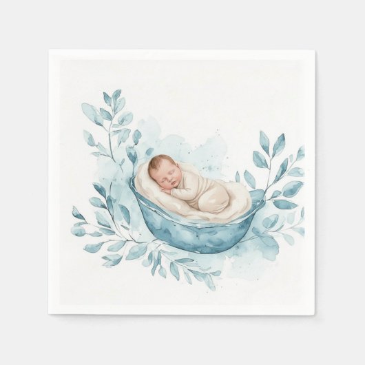 Schlafendes Baby in blauer Wiege Serviette (Vorderseite)