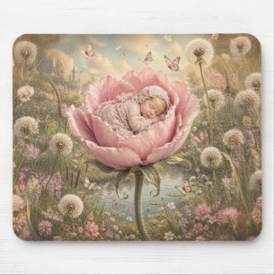 Schlafendes Baby in rosa Blume  Mousepad
