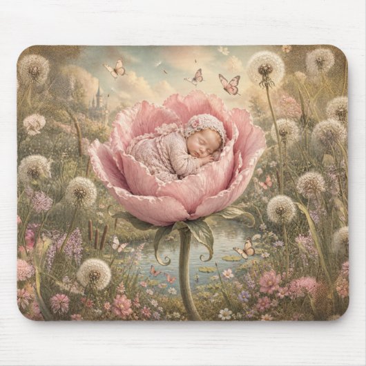 Schlafendes Baby in rosa Blume Mousepad (Vorne)