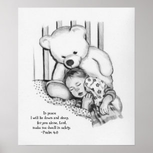 Schlafendes Baby, wachsamer Teddybär: Bibel-Vers Poster