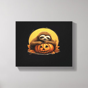 Schlafendes Faultier und Halloween-Kürbis Klassisc Leinwanddruck