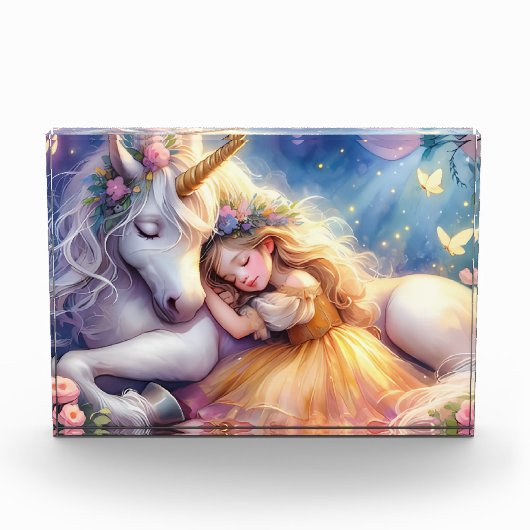 Schlafendes Mädchen Einhorn Traumlandschaft Fotoblock (Vorderseite)