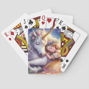 Schlafendes Mädchen Einhorn Traumlandschaft Spielkarten