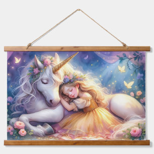 Schlafendes Mädchen Einhorn Traumlandschaft Wandteppich Mit Holzrahmen