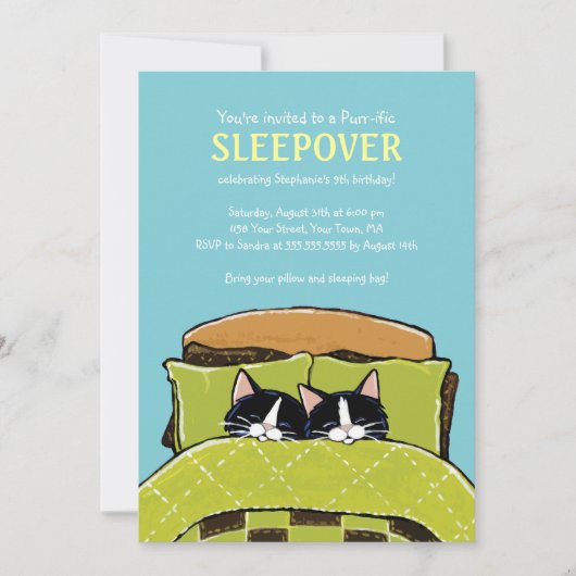 Schlafenkätzchen-Schlummer-Party Einladungen (Vorderseite)