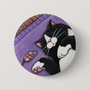 Schlafenschwarze Katze und Spielzeug-Maus - Button