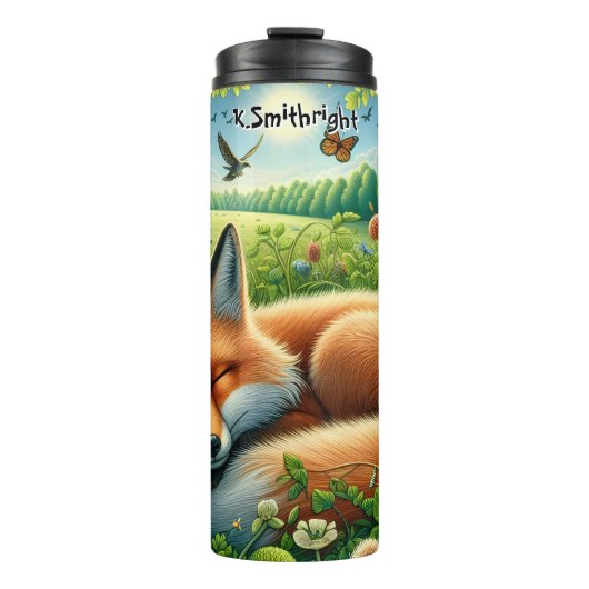 Schlaffox auf der Wiese Thermosbecher (Vorderseite)