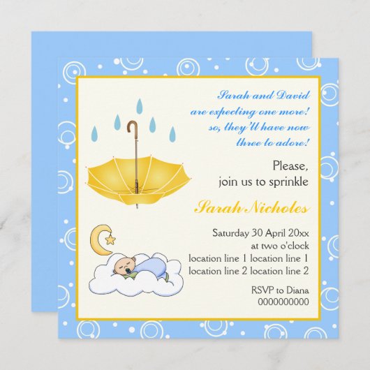 Schlafjunge sprinkle blau-gelbe Einladung (Vorne/Hinten)