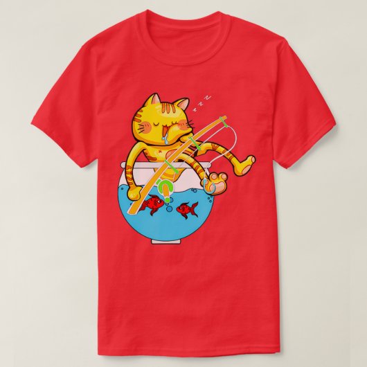 Schlafkatze Aquarium Fisch Schüssel Angelrute Pole T-Shirt (Design vorne)
