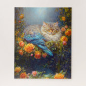 Schlafkatze mit Blauen Federn Nistend in Rose Puzzle (Vertikal)