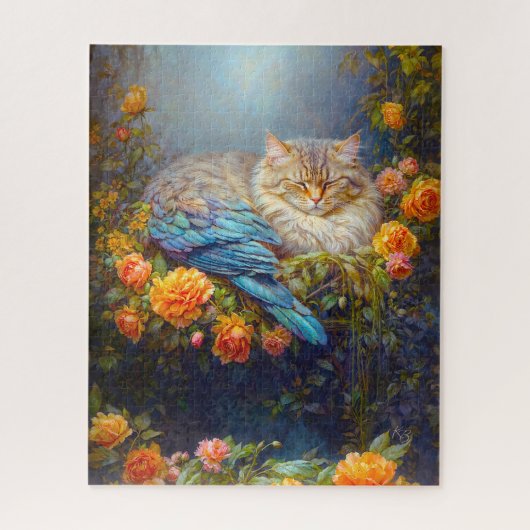 Schlafkatze mit Blauen Federn Nistend in Rose Puzzle (Vertikal)