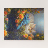 Schlafkatze mit Blauen Federn Nistend in Rose Puzzle (Horizontal)