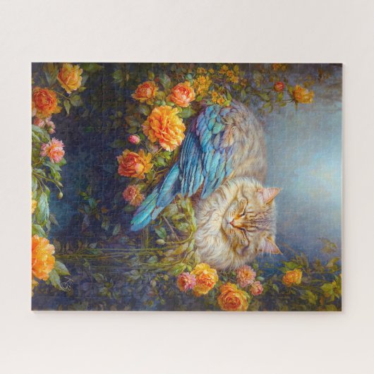 Schlafkatze mit Blauen Federn Nistend in Rose Puzzle (Horizontal)