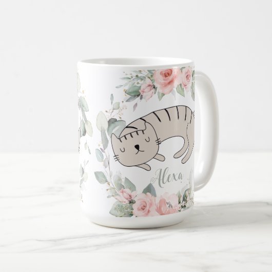 Schlafkatzenrot Rosa Blumengrün Kranz Kaffeetasse (VorderseiteRechts)