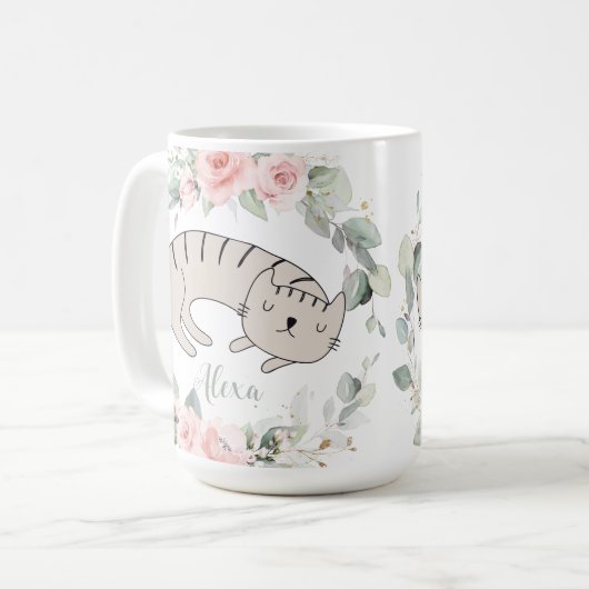 Schlafkatzenrot Rosa Blumengrün Kranz Kaffeetasse (Vorderseite Links)