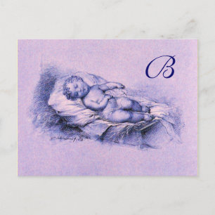 SCHLAFKIND, BLUE BABY SHOWER MONOGRAM EINLADUNGSPOSTKARTE