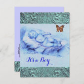 SCHLAFKIND, BÜTTERFLY, BLUE BABY DUSCHE EINLADUNGSPOSTKARTE (Vorne/Hinten)