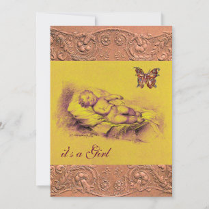 SCHLAFKIND, SCHALTFLÄCHE, GELBE PINK-BABY-DUSCHE EINLADUNG