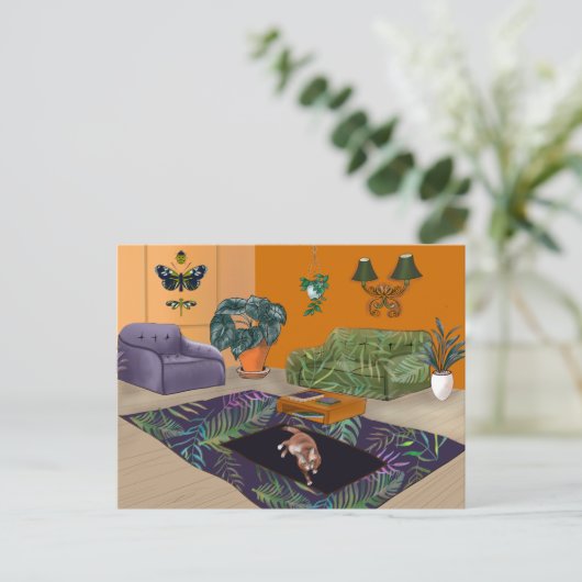 Schlaflose, fette Katze im matten gelben Zimmer Postkarte (Stehend Vorderseite)