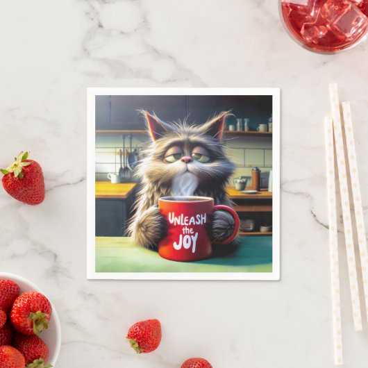 Schlaflose Katze mit lustigem Text auf einer Tasse Serviette (Beispiel)
