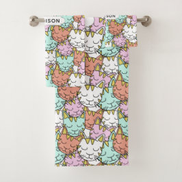 Schlaflose Katzen Muster individuelle Name Handtuc Badhandtuch Set