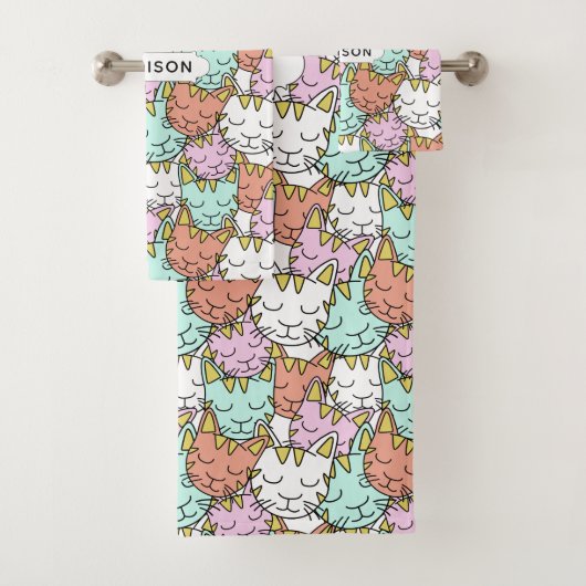 Schlaflose Katzen Muster individuelle Name Handtuc Badhandtuch Set (Insitu)