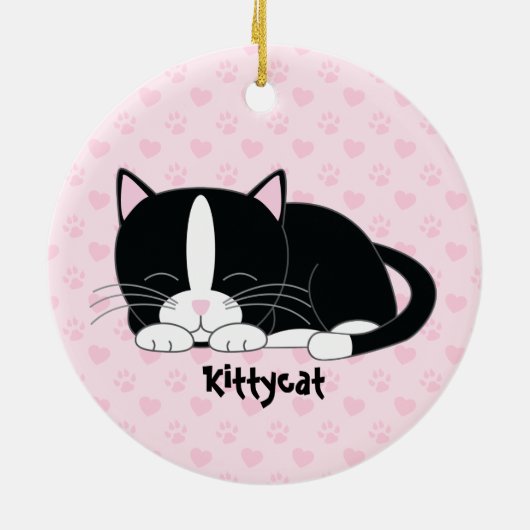 Schlaflose Kitty {Tuxedo Cat} Benutzerdefinierte O Keramikornament (Hinten)