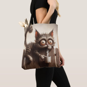 SCHLAFLOSER KATZE LIEGT AUF ZAUN MIT KAFFEE TASCHE