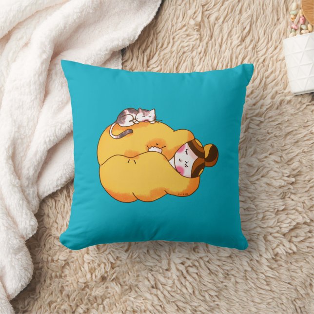 Schlafmädchen mit gemütlicher Katze Kissen (Decke)