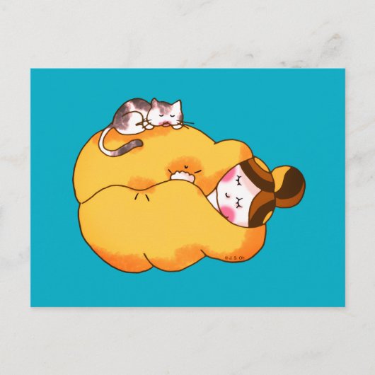 Schlafmädchen mit gemütlicher Katze Postkarte (Vorderseite)