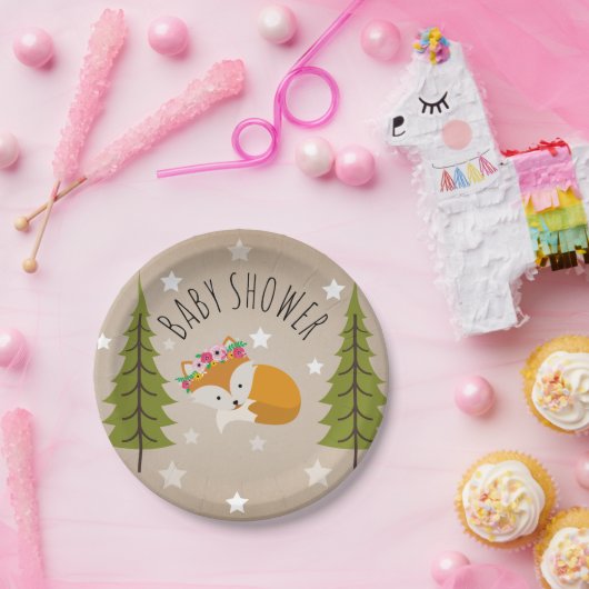 Schläfrige Fox-Sterne + Baum-BlumenBabyparty Pappteller (Party)