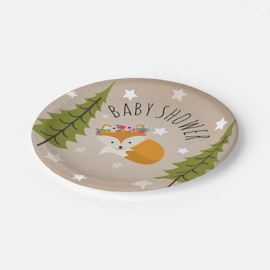 Schläfrige Fox-Sterne + Baum-BlumenBabyparty Pappteller (Schrägansicht)