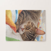 Schläfrige Katze auf farbigen Blättern Puzzle (Horizontal)