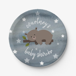 Schläfriger Bär spielt Aquarell-Babyparty die Pappteller