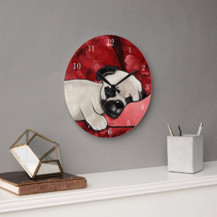 Schläfriger Pug-Welpe Große Wanduhr