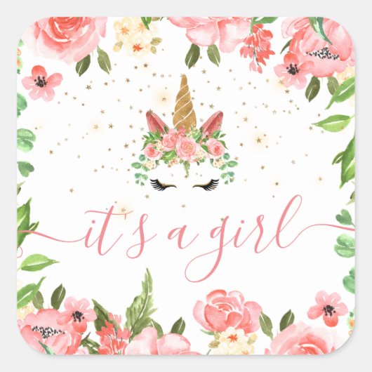 Schläfriges Einhorn-Blütenblüte Es ist ein Mädchen Quadratischer Aufkleber (Vorderseite)