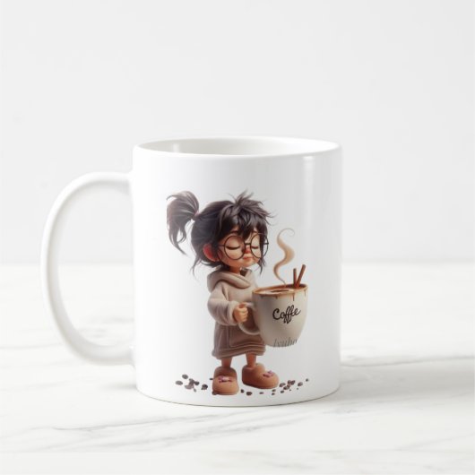 Schläfriges Mädchen mit riesiger Kaffeetasse –Morg (Links)