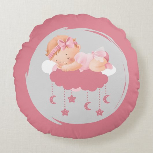 Schlafsäugchen auf Wolken Rund rosa Kissen (Vorderseite)