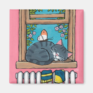 Schlaftablette Katze mit Schmetterling auf Fenster Magnet