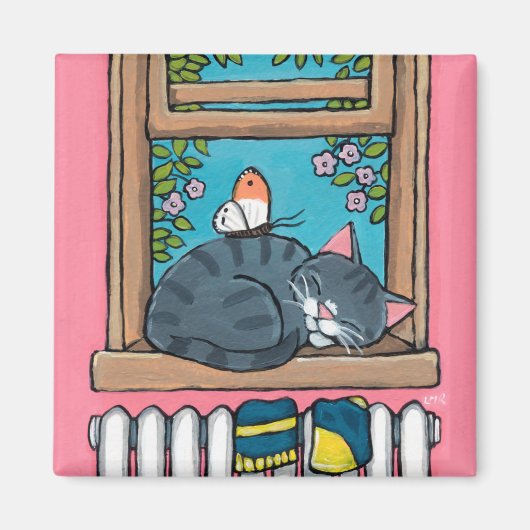 Schlaftablette Katze mit Schmetterling auf Fenster Magnet (Vorne)