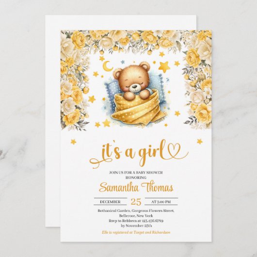 Schlafteddy Bärengelbe Blume Mädchen Dusche Einladung (Vorne/Hinten)