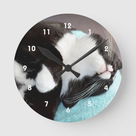 Schlaftuxedo Katzenkinnansicht kitschiges Bild Runde Wanduhr (Vorderseite)