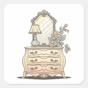 Schlafzimmerschrank mit alter Lampe und Blumen Quadratischer Aufkleber