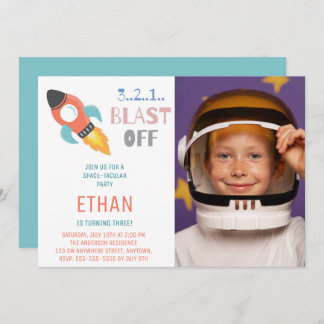 Schlag ab! Weltraumraketenschiff Geburtstags-Foto Einladung