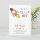 Schlag ab! Weltraumraketenschiff zum Geburtstag Einladung (Stehend Vorderseite)