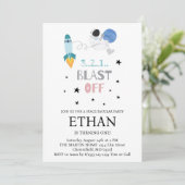 Schlag ab! Weltraumraketenschiff zum Geburtstag Einladung (Stehend Vorderseite)