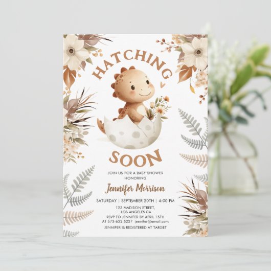 Schlag! Dinosaur Baby Duwer Boho Neutral Einladung (Stehend Vorderseite)