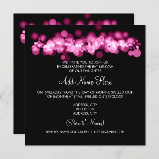Schläger Mitzvah rosa Bokeh Lichter Einladung (Vorne/Hinten)