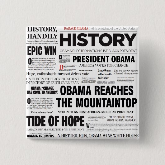 Schlagzeilen-Collagen-Knopf Obama historischer Button (Vorderseite)