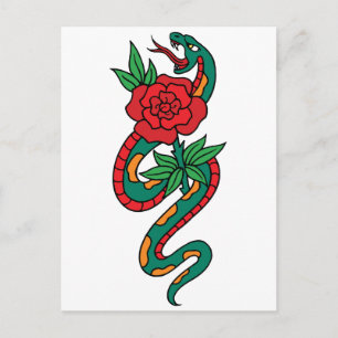 Schlangen-Tattoo um eine rote Rose gewickelt Postkarte